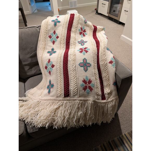 Vintage Crochet Afghan Blanket Southwestern Boho Fringe Throw 68" x 80" Cabin... - Picture 10 of 10